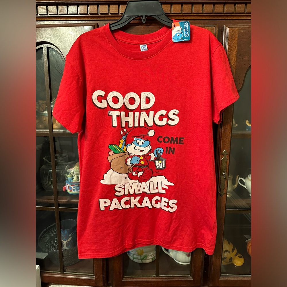 Santa Papa Smurf Christmas Presents Men's Graphic T Shirt Tees Size MEDIUM NWT